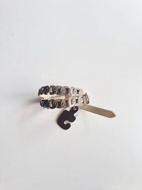 NWT PUNTO FIBBIA Taupe Leather Enamel Silver Tone Chain Skinny Belt